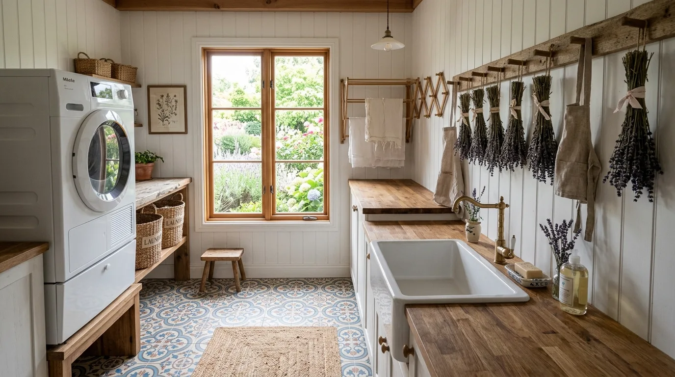 Add baskets that feel both useful and romantic inspiration for a cottagecore laundry room.